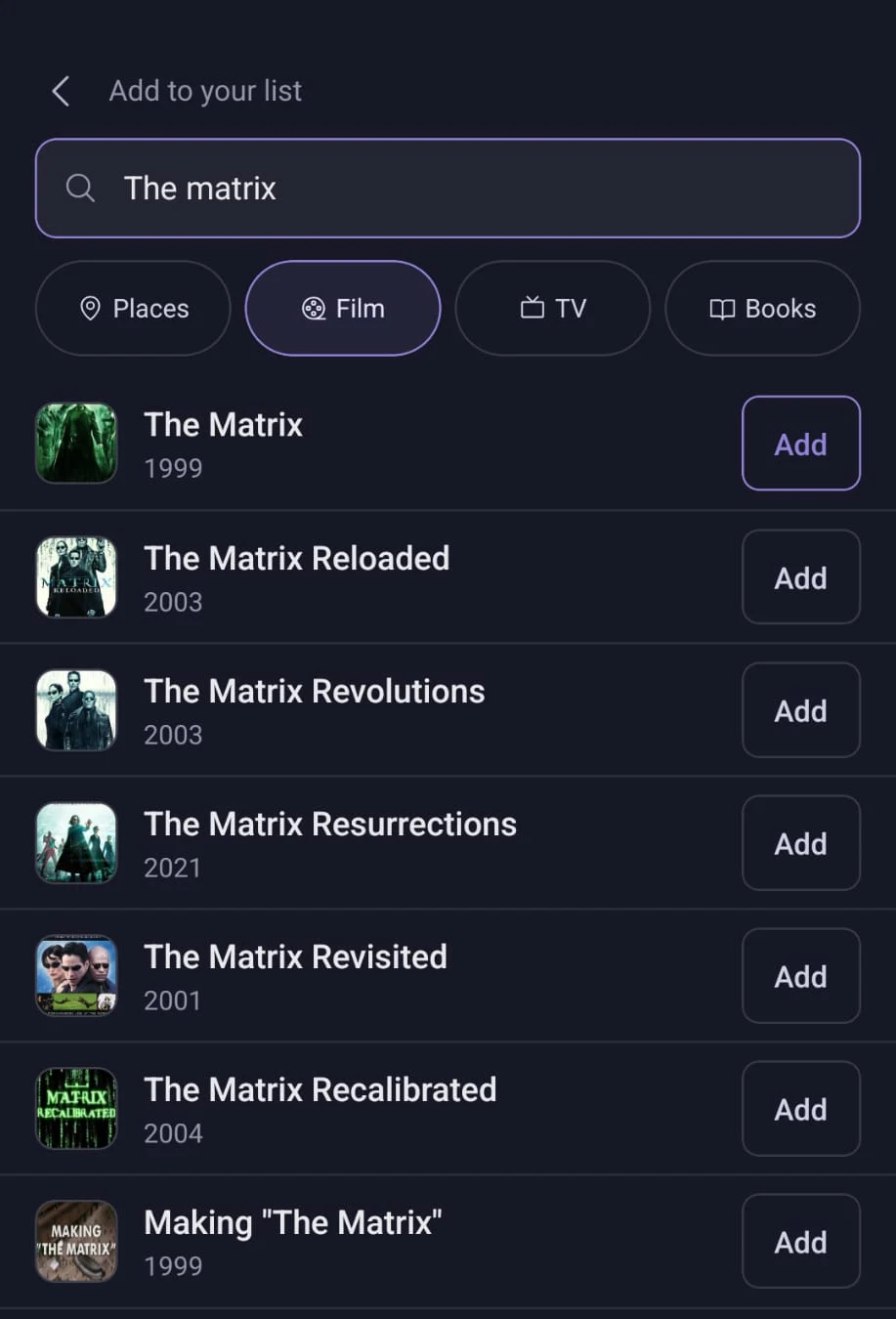 Searching for a film in together, with Places, Film, TV and Books filters and an Add button beside each result.