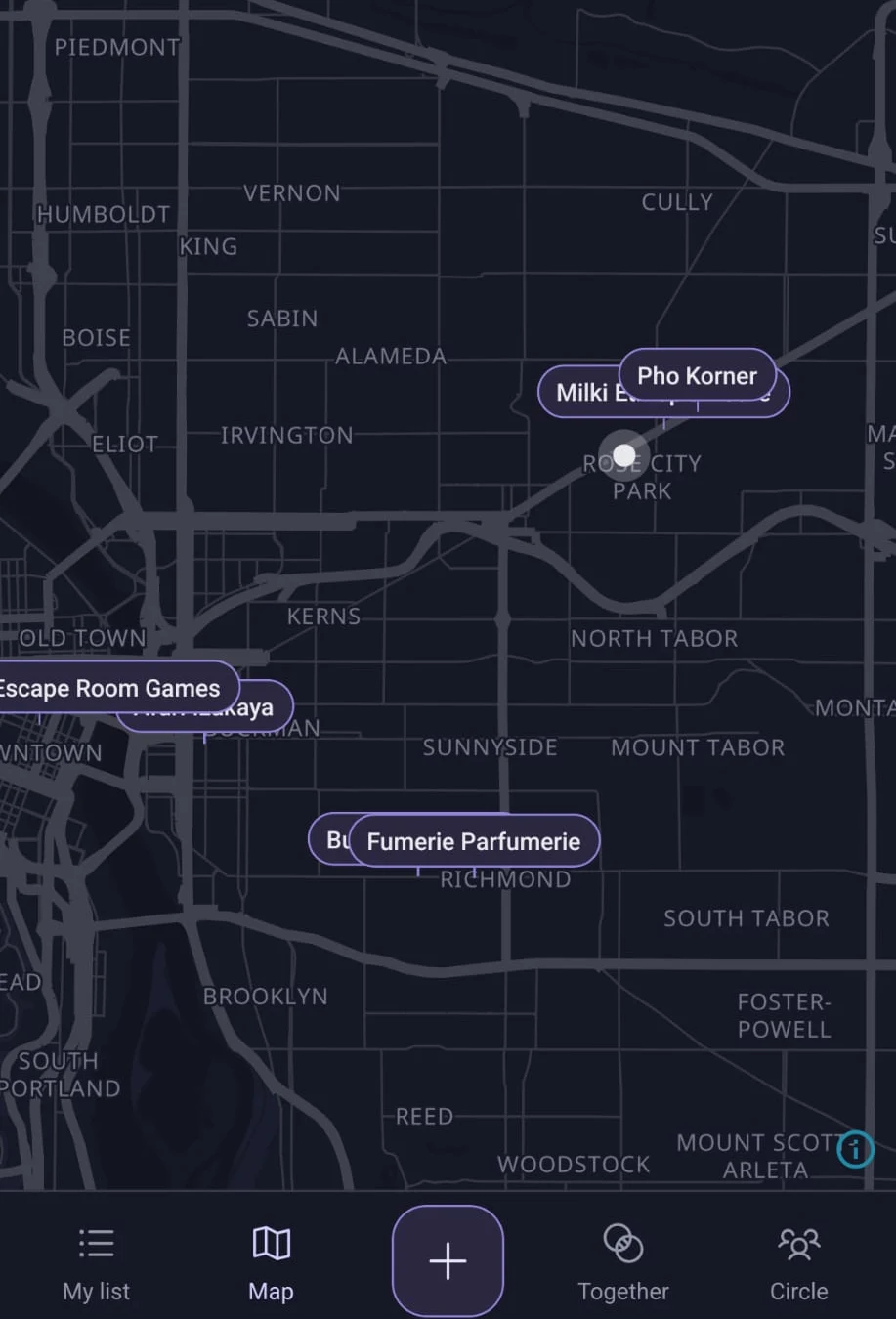 The together map over Portland, Oregon, with saved places pinned across the city.